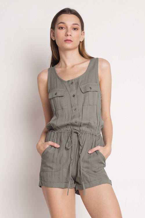 Casual Olive Sleeveless Button Down Romper