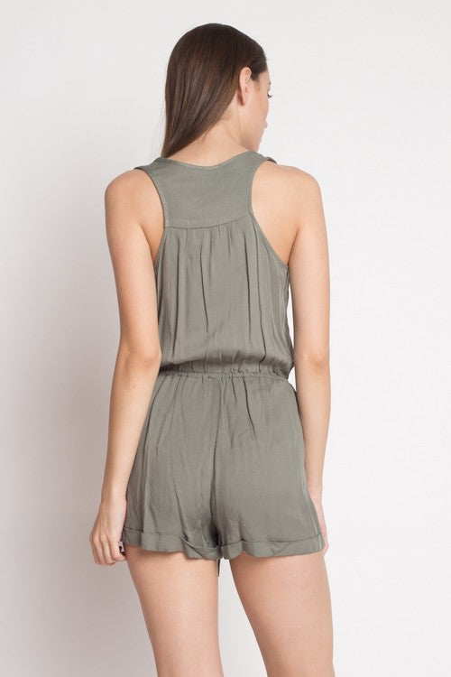 Casual Olive Sleeveless Button Down Romper