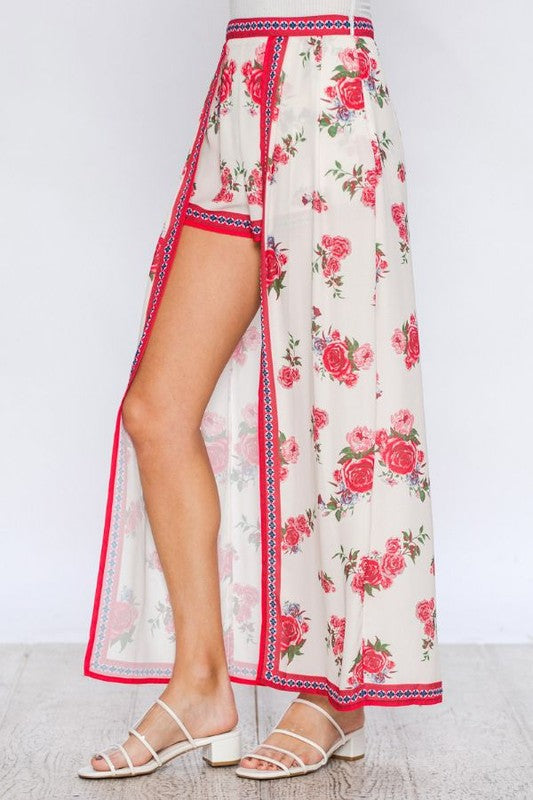 Fashion Red Floral Print High Low Maxi Shorts