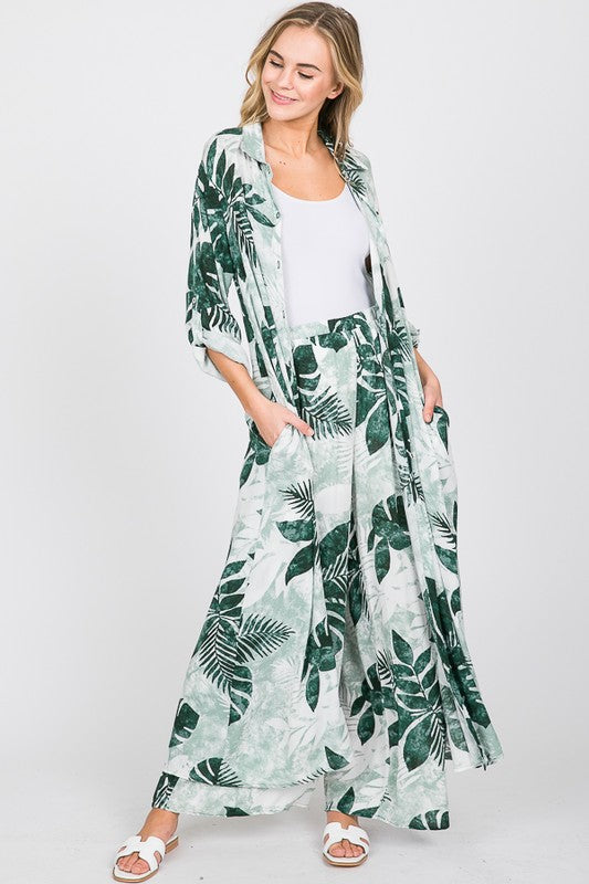 Fashion Green Floral Print Wide Leg Pants