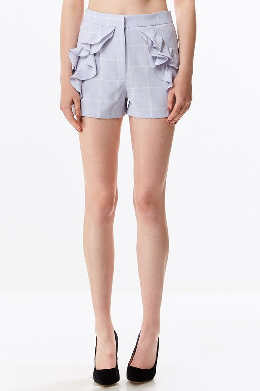 Elegant Blue Checkered Ruffle Shorts