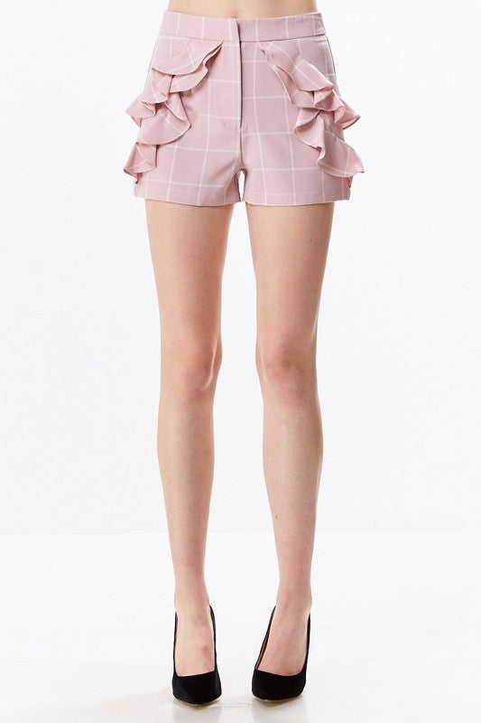 Elegant Pink Checkered Ruffle Shorts