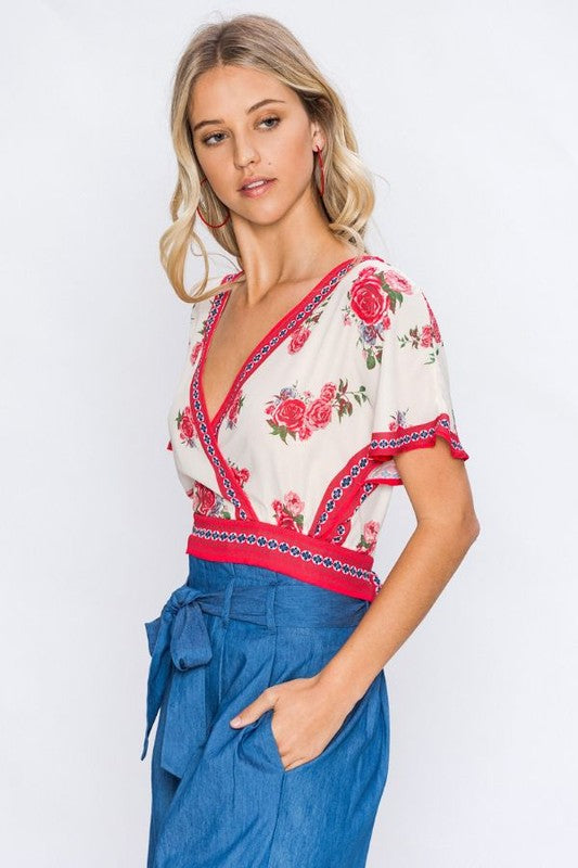 Fashion Red Floral Print Wrap Open Back Tie-Up Top