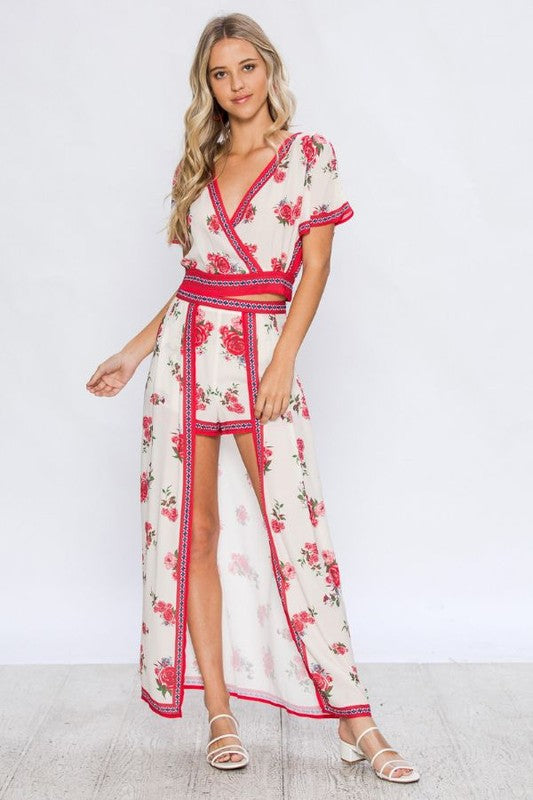 Fashion Red Floral Print Wrap Open Back Tie-Up Top