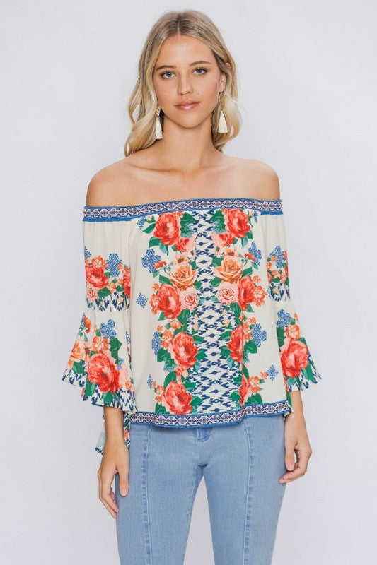 Elegant Multi-Color Floral Print Ivory Top with Bell Sleeve