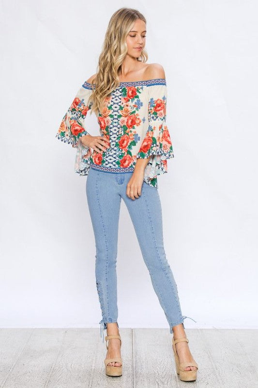Elegant Multi-Color Floral Print Ivory Top with Bell Sleeve