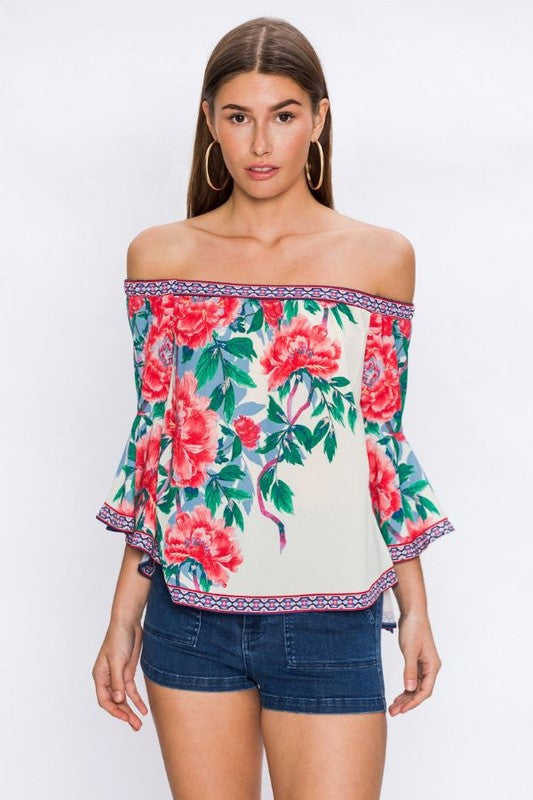 Fashion Off Shoulder Multi-Color Floral Print Ivory Top with Bell Sleeve