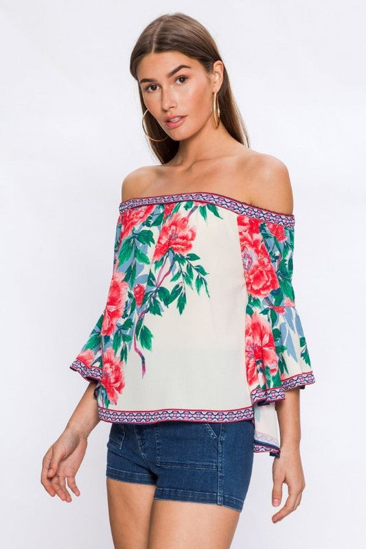 Fashion Off Shoulder Multi-Color Floral Print Ivory Top with Bell Sleeve