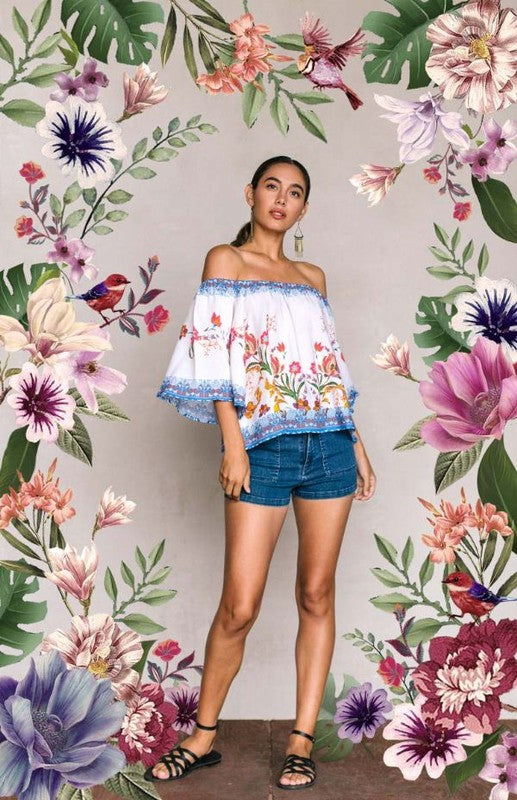 Casual Off Shoulder Multi-Color Floral Print Ivory Top with Bell Sleeve