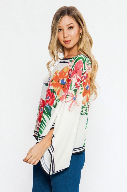 Fashion Ivory Multi-Color Floral Print Bell Sleeve Top