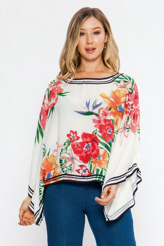 Fashion Ivory Multi-Color Floral Print Bell Sleeve Top