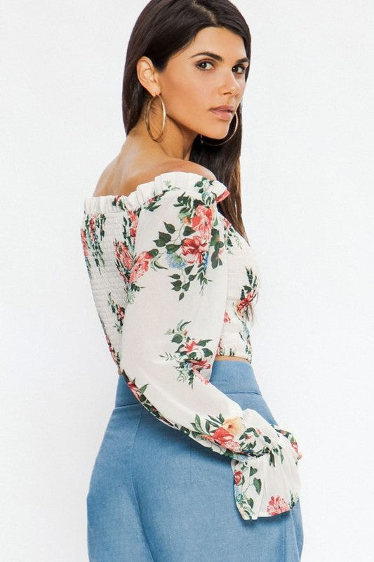 Fashion Off Shoulder Multi-Color Floral Print Ivory Crop Top with Long Sleeve