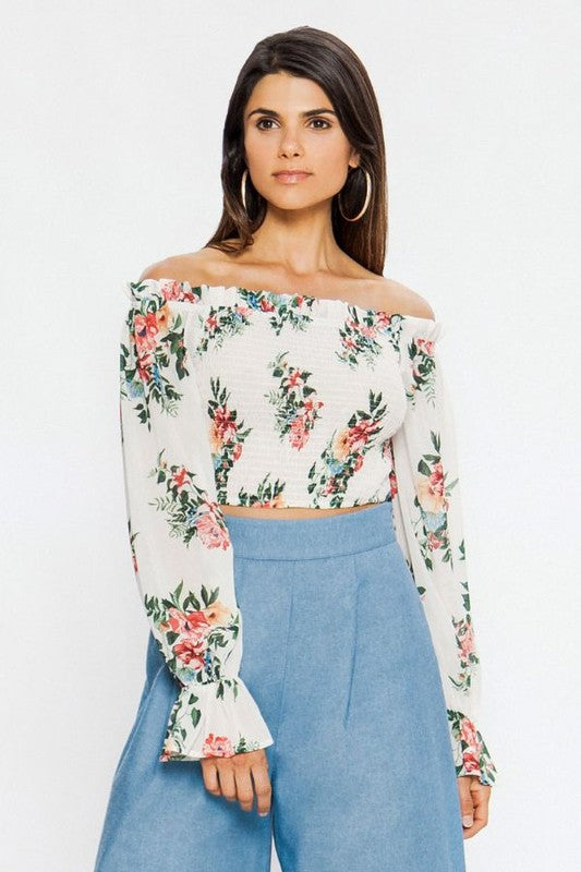 Fashion Off Shoulder Multi-Color Floral Print Ivory Crop Top with Long Sleeve