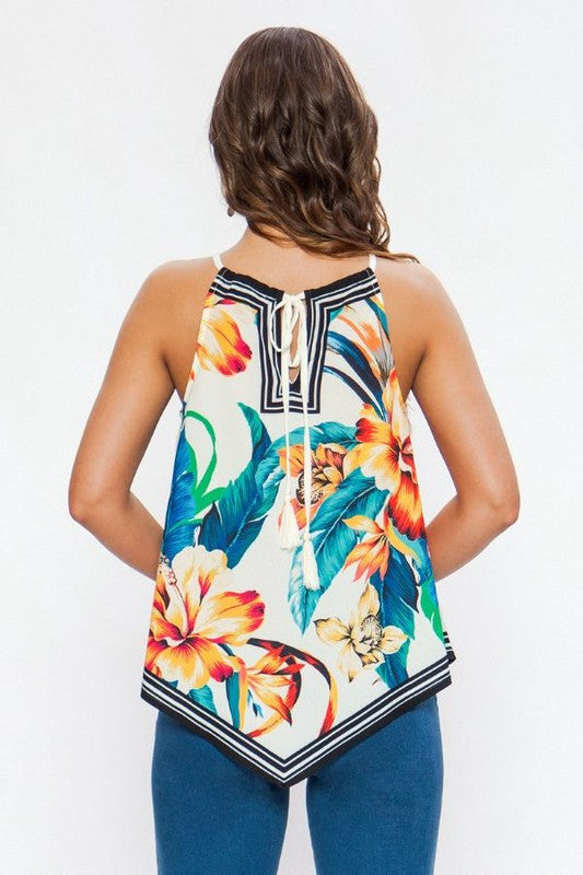 Fashion Halter Multi-Color Floral Print Sleeveless Ivory Top