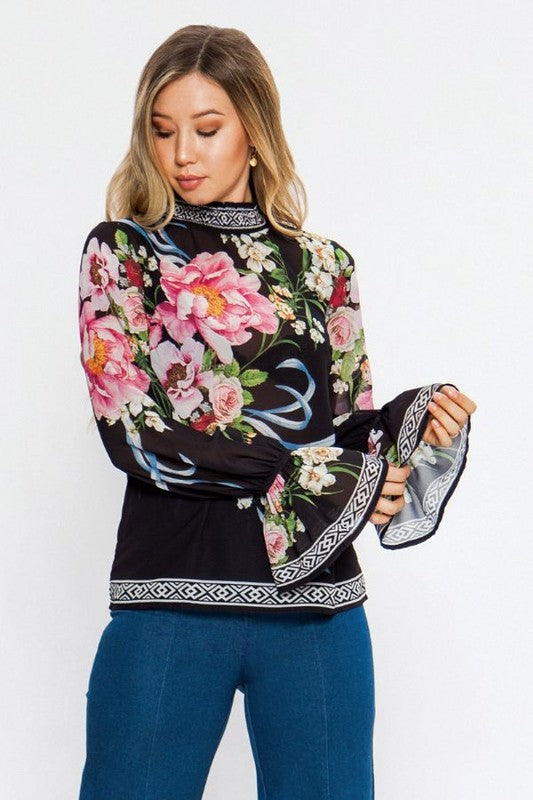 Elegant Floral Print High Neck Black Top with Bishop Sleeve