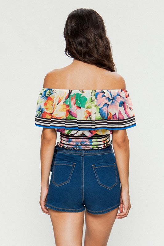 Fashion Off Shoulder Ivory Ruffle Multi-Color Floral Print Crop Top