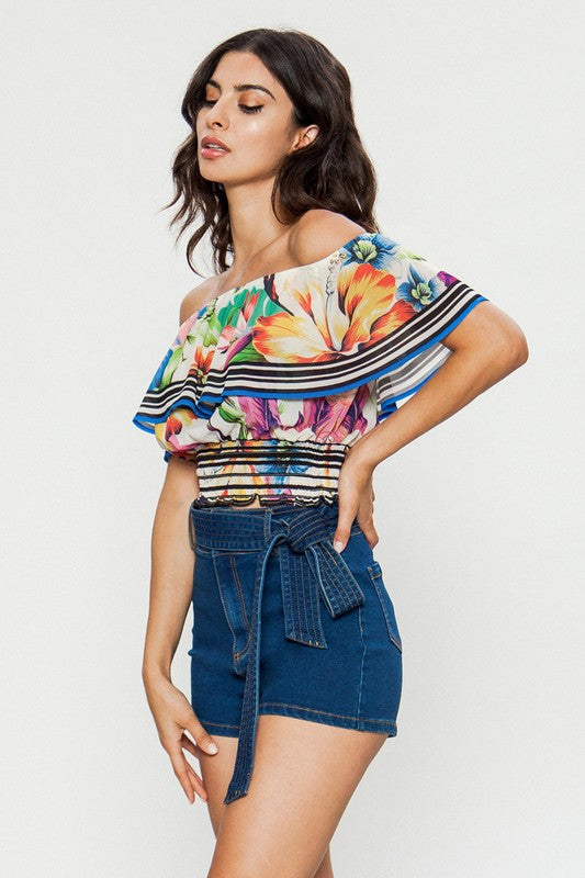 Fashion Off Shoulder Ivory Ruffle Multi-Color Floral Print Crop Top