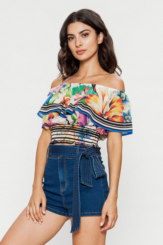 Fashion Off Shoulder Ivory Ruffle Multi-Color Floral Print Crop Top
