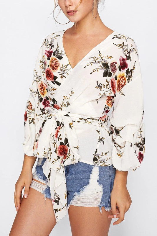 Elegant White Wrap Multi-Color Floral Print Blouse with Tie-Up Sleeve