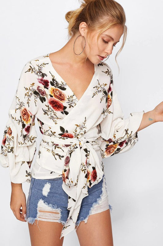 Elegant White Wrap Multi-Color Floral Print Blouse with Tie-Up Sleeve