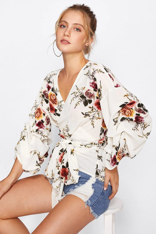 Elegant White Wrap Multi-Color Floral Print Blouse with Tie-Up Sleeve