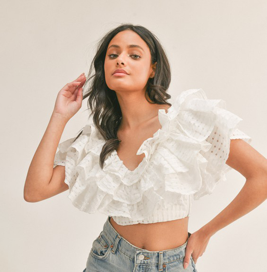 Fashion White Layered Ruffle V-Neck Crop Top