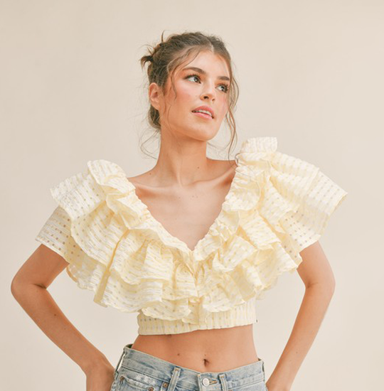 Fashion Light Yellow Layered Ruffle V-Neck Crop Top