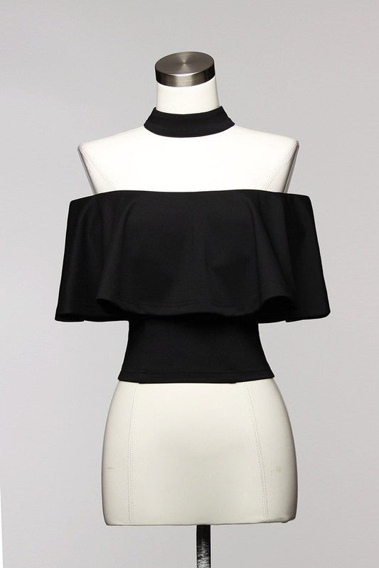 Elegant Ruffle Black Choker Off Shoulder Top