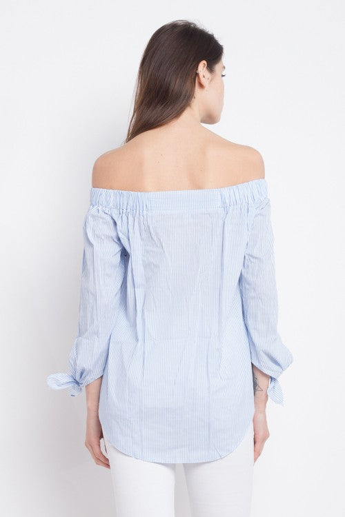 Fashion Summer Off Shoulder Blue Marine Top with Tie-Up Long Sleeve
