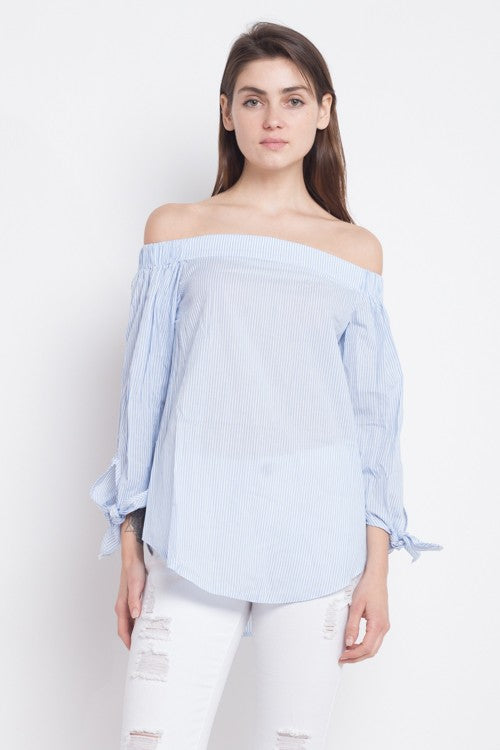 Fashion Summer Off Shoulder Blue Marine Top with Tie-Up Long Sleeve