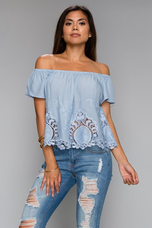 Fashion Off Shoulder Lace Detailed Blue Top