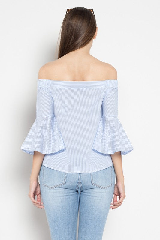 Fashion Off Shoulder Blue Marine Top With Bell Sleeve