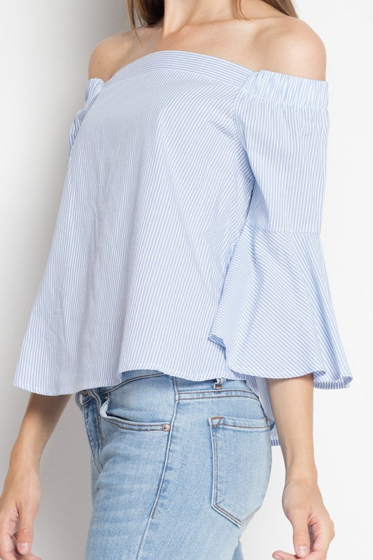 Fashion Off Shoulder Blue Marine Top With Bell Sleeve
