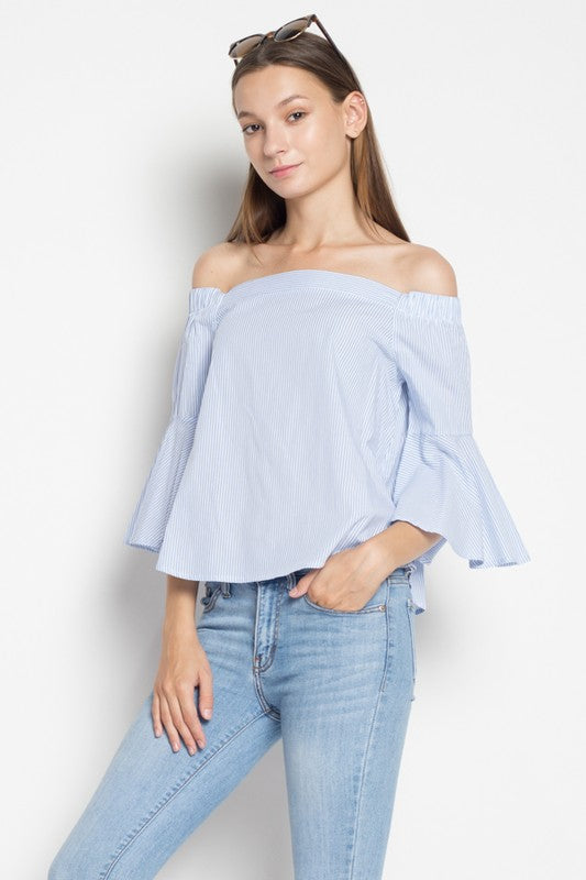 Fashion Off Shoulder Blue Marine Top With Bell Sleeve