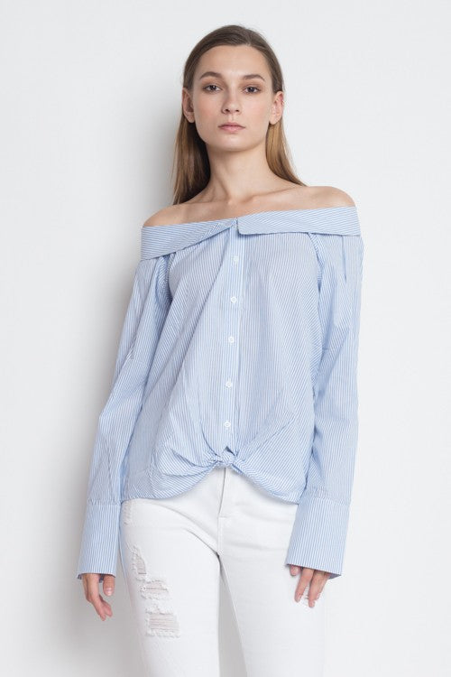 Fashion Off Shoulder Blue Marine Collar Shirt Top