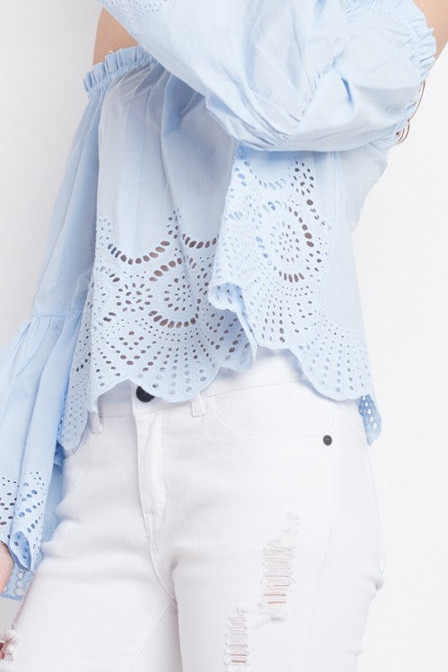 Elegant Off Shoulder Blue Lace Top with Long Sleeve