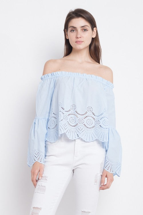 Elegant Off Shoulder Blue Lace Top with Long Sleeve