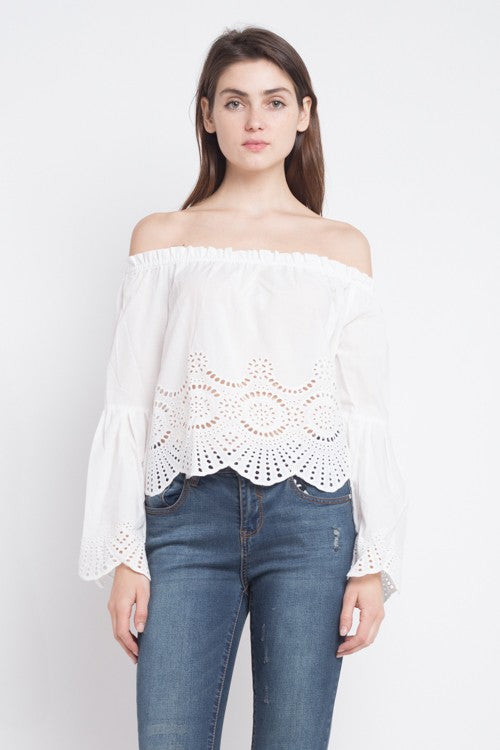 Elegant Off Shoulder White Lace Top with Long Sleeve