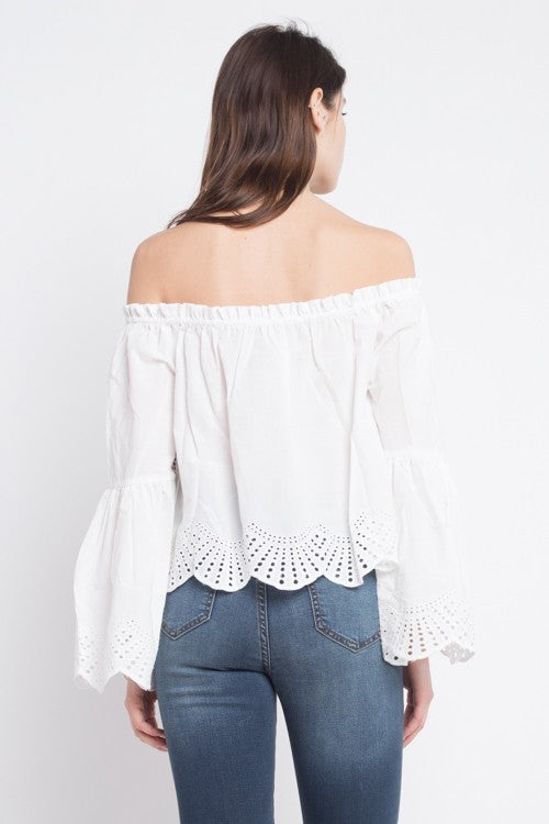 Elegant Off Shoulder White Lace Top with Long Sleeve