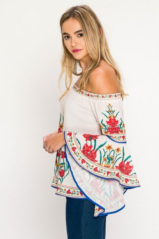 Fashion Off Shoulder Multi-Color Floral Print Bell Sleeve Ivory Top