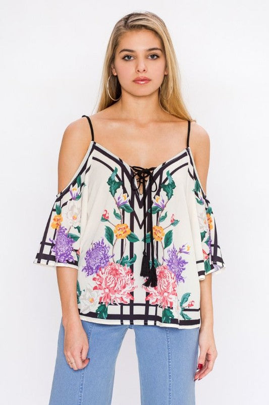 Fashion Cold Shoulder Multi-Color Floral Print Ivory Top