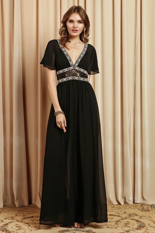 Elegant Black Lace Crystal Detailed Jumpsuit