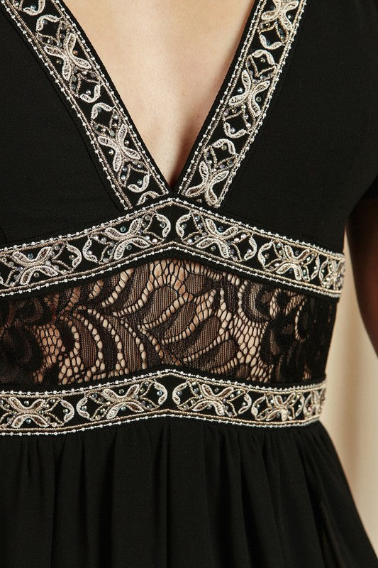 Elegant Black Lace Crystal Detailed Jumpsuit