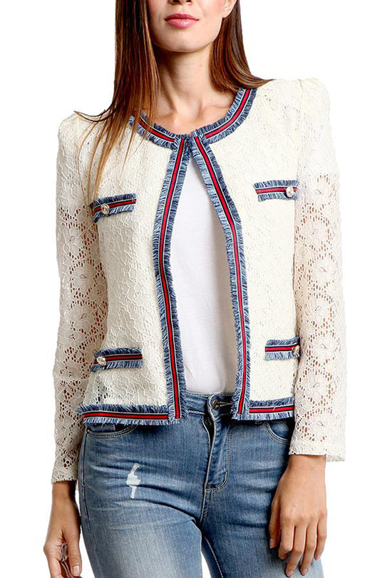 Elegant Ivory Textured Blue Red Detail Jacket