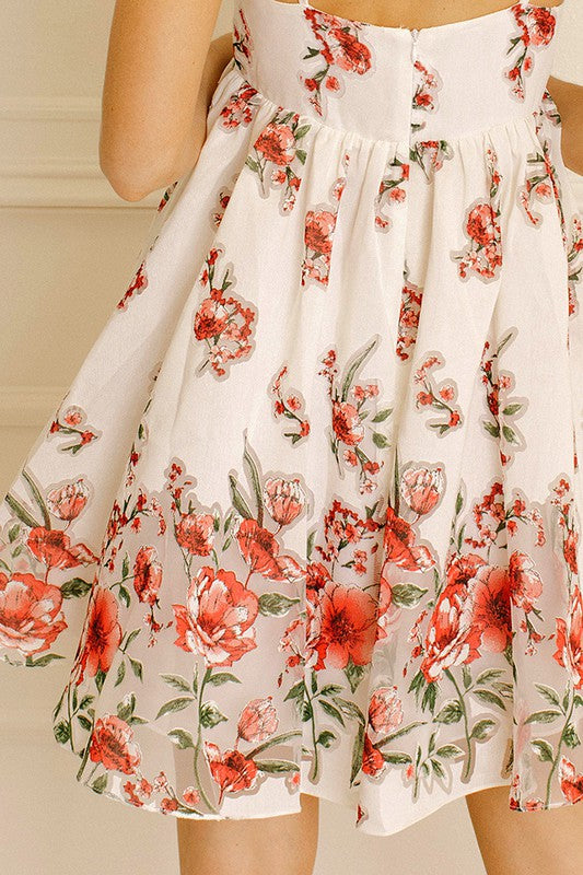 Elegant White Red Floral Print Layered Embroidery Strap Ruffle Dress