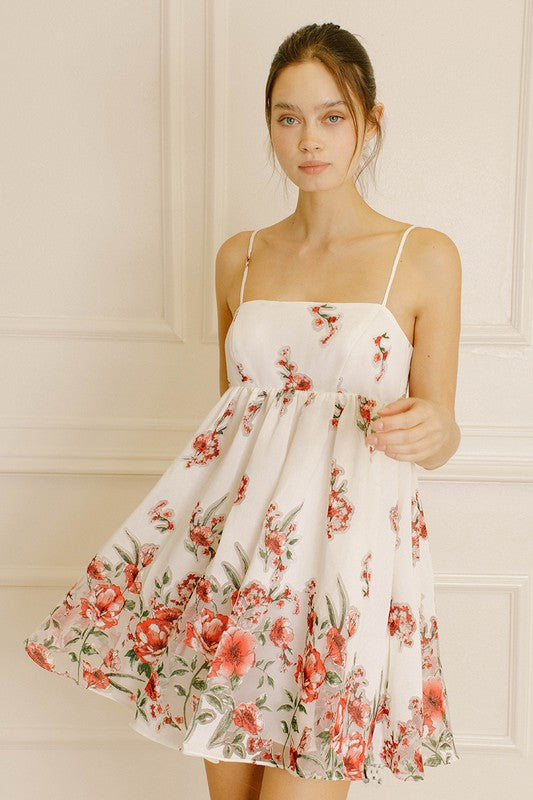 Elegant White Red Floral Print Layered Embroidery Strap Ruffle Dress