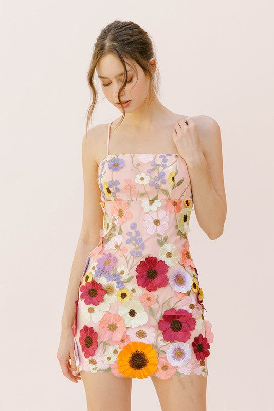 Fashion Pink Multi-Color Floral Embroidery Bodycon Strap Mini Dress