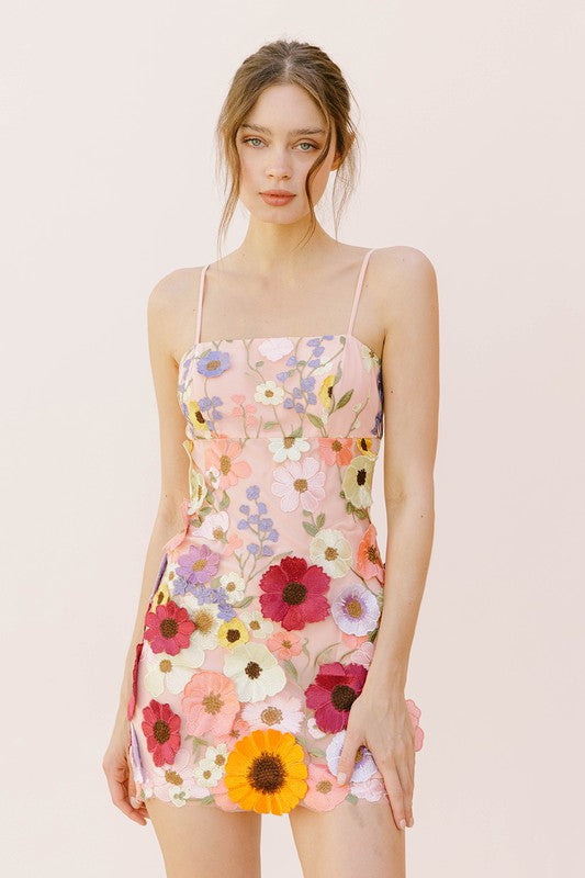 Fashion Pink Multi-Color Floral Embroidery Bodycon Strap Mini Dress