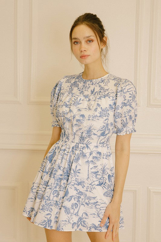 Elegant White Blue Floral Print Puffy Ruffle Elastic Mini Dress