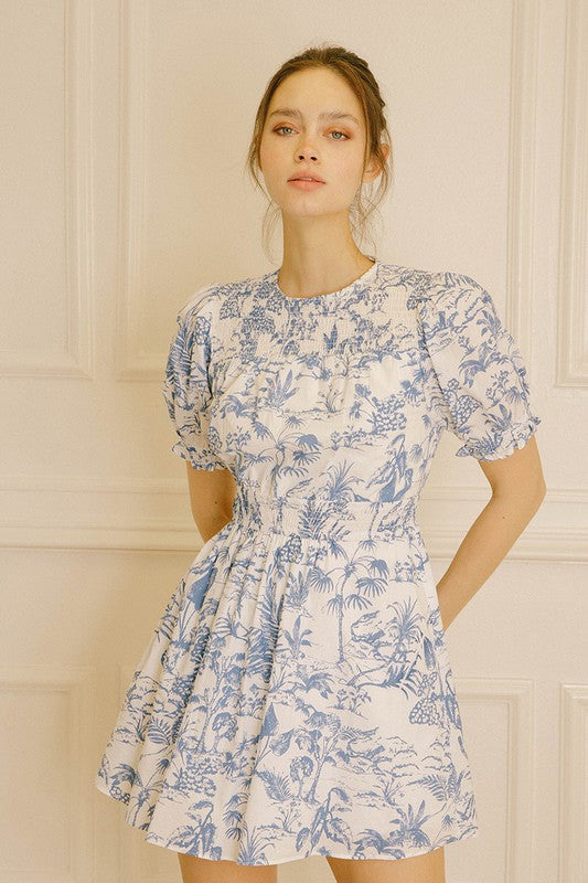 Elegant White Blue Floral Print Puffy Ruffle Elastic Mini Dress
